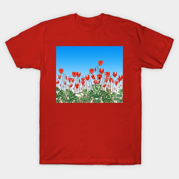 RED CYCLAMENS,GREEN LEAVES UNDER BLUE SKY Floral T-Shirt by BulganLumini